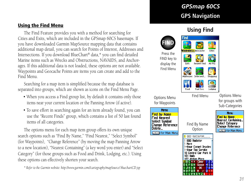 Gpsmap 60cs gps navigation, Using find find | Garmin GPSMAP 60CS User Manual | Page 41 / 108