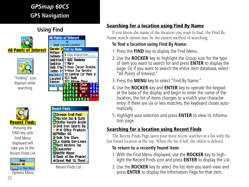 Gpsmap 60cs, Gps navigation using find | Garmin GPSMAP 60CS User Manual | Page 42 / 108