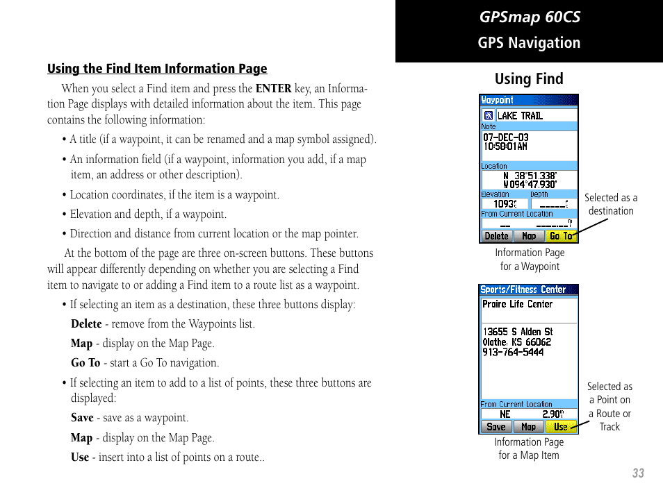 Gpsmap 60cs gps navigation using find | Garmin GPSMAP 60CS User Manual | Page 43 / 108