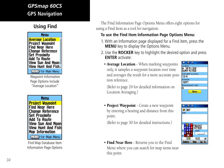 Gpsmap 60cs, Gps navigation using find | Garmin GPSMAP 60CS User Manual | Page 44 / 108