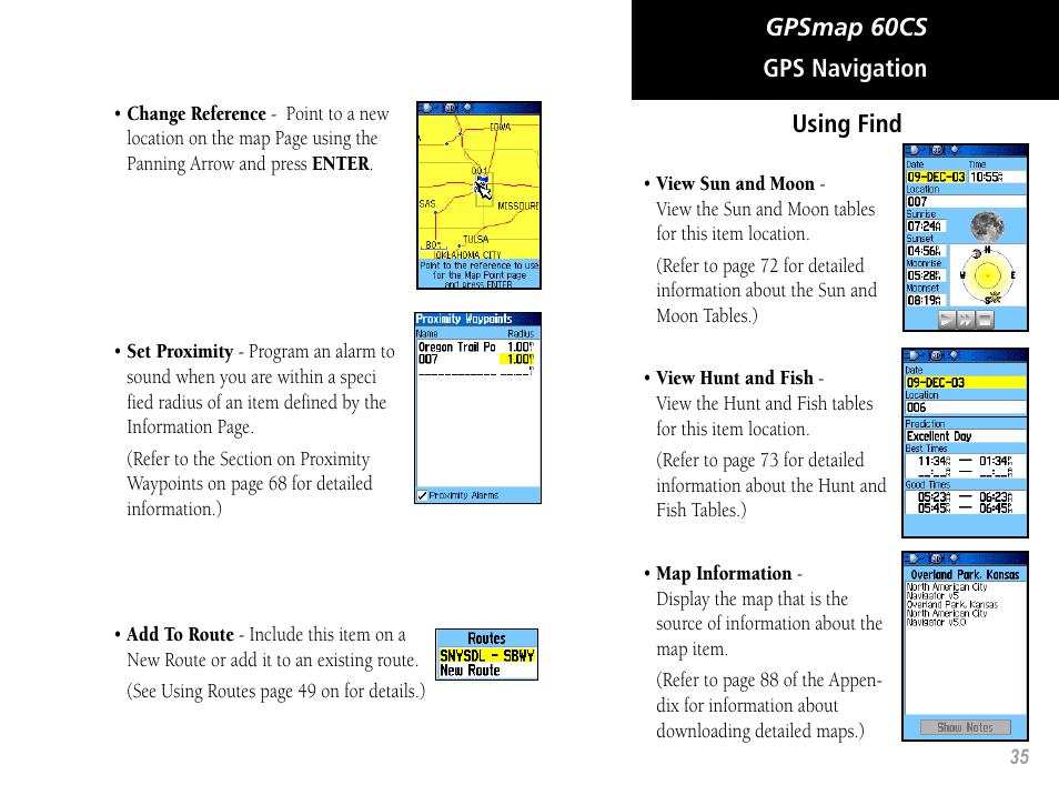 Gpsmap 60cs, Gps navigation using find | Garmin GPSMAP 60CS User Manual | Page 45 / 108