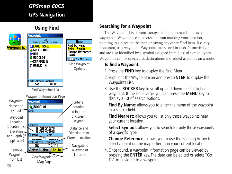 Gpsmap 60cs, Gps navigation using find | Garmin GPSMAP 60CS User Manual | Page 46 / 108