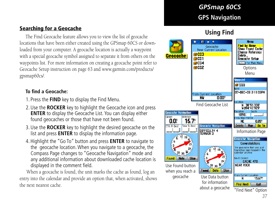 Gpsmap 60cs, Gps navigation using find | Garmin GPSMAP 60CS User Manual | Page 47 / 108