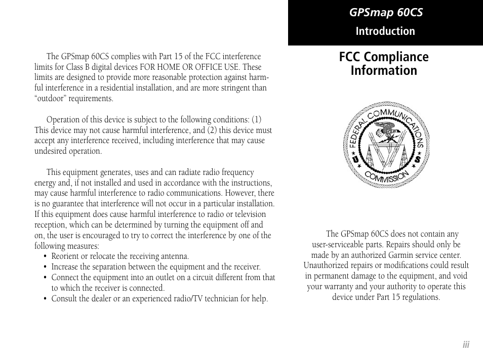 Fcc compliance information | Garmin GPSMAP 60CS User Manual | Page 5 / 108