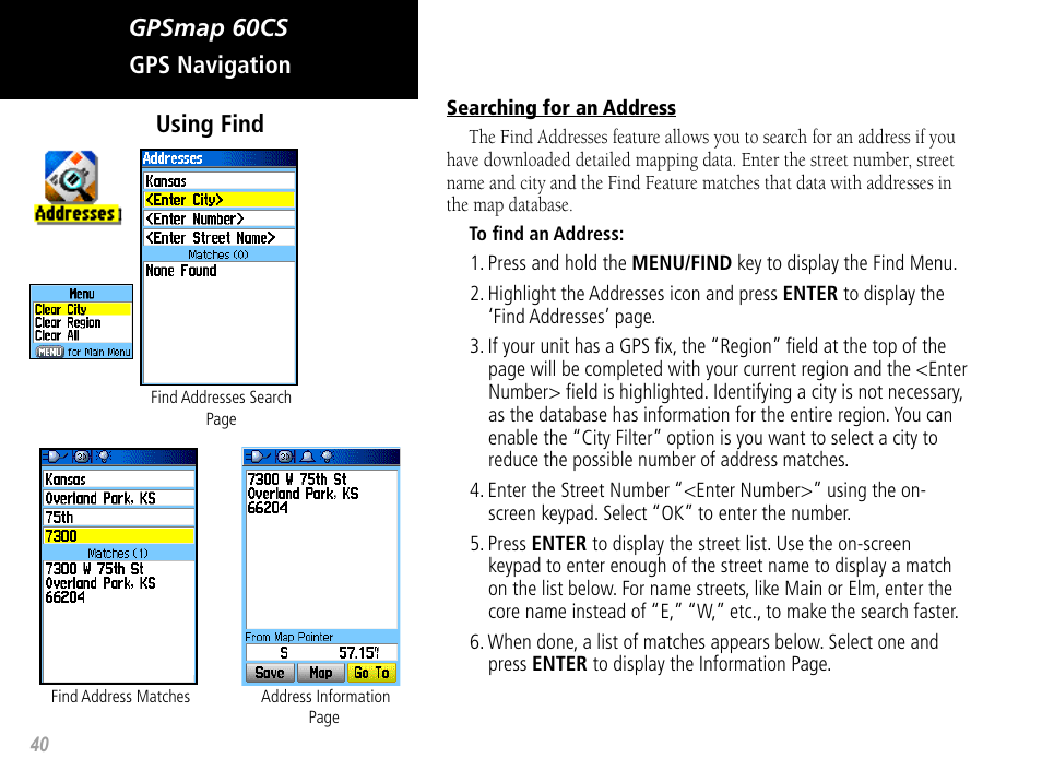 Gpsmap 60cs gps navigation using find | Garmin GPSMAP 60CS User Manual | Page 50 / 108