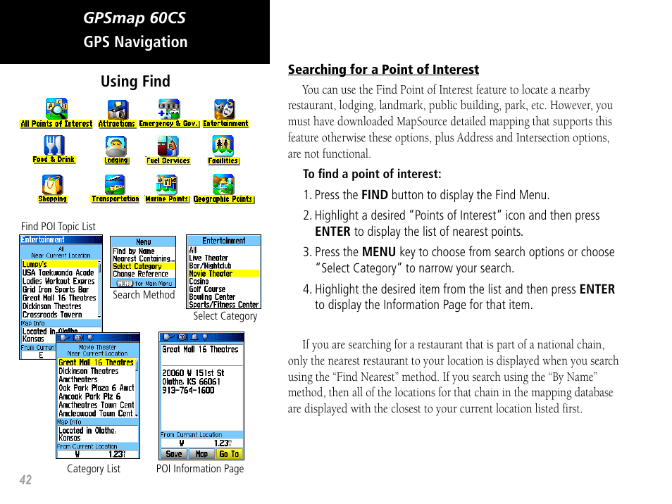 Gpsmap 60cs, Gps navigation using find | Garmin GPSMAP 60CS User Manual | Page 52 / 108