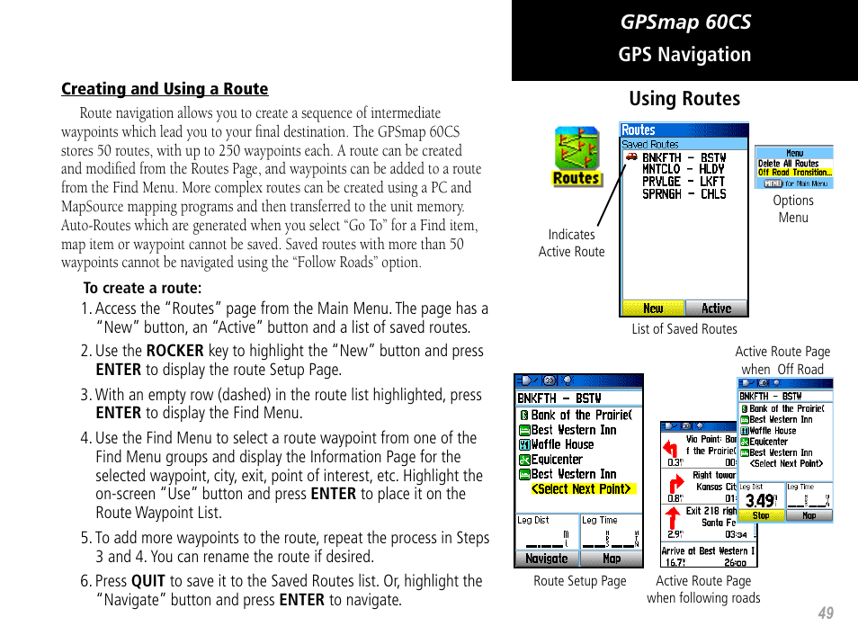 Gpsmap 60cs gps navigation using routes | Garmin GPSMAP 60CS User Manual | Page 59 / 108