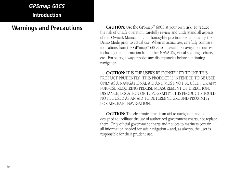 Warnings and precautions, Gpsmap 60cs, Introduction | Garmin GPSMAP 60CS User Manual | Page 6 / 108