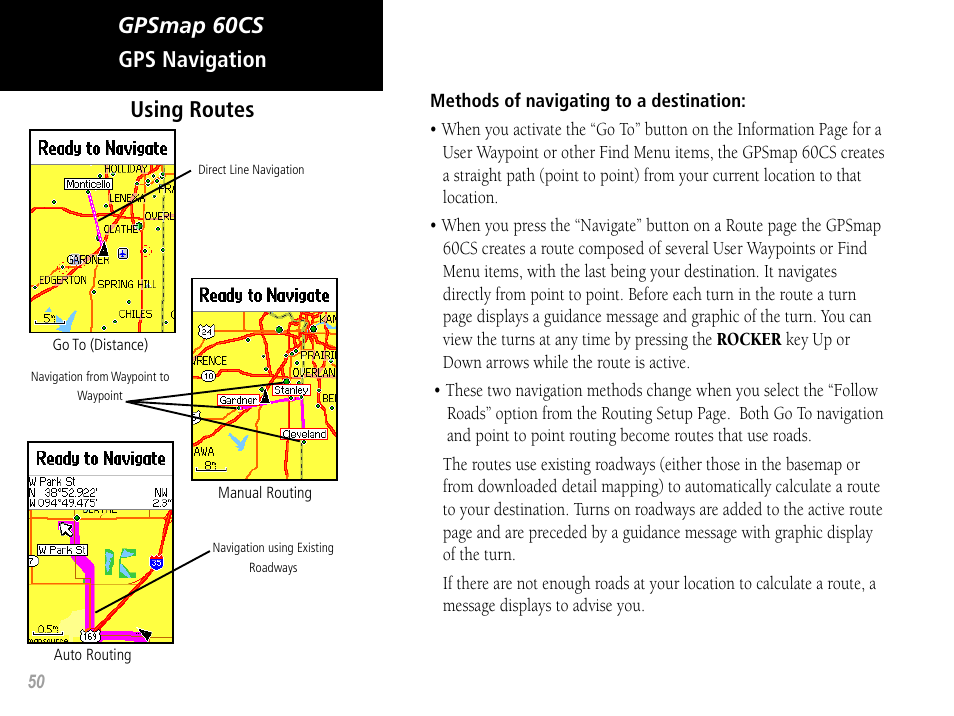 Gpsmap 60cs using routes gps navigation | Garmin GPSMAP 60CS User Manual | Page 60 / 108