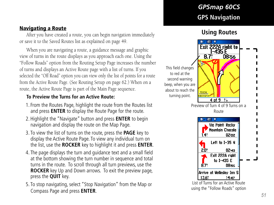 Gpsmap 60cs gps navigation using routes | Garmin GPSMAP 60CS User Manual | Page 61 / 108