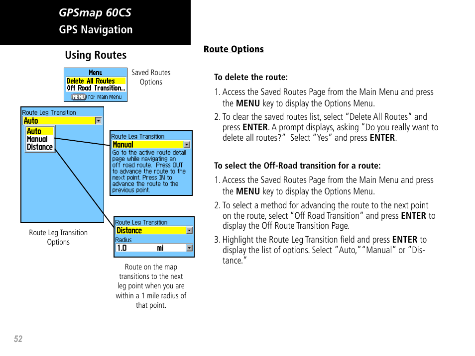 Gpsmap 60cs gps navigation using routes | Garmin GPSMAP 60CS User Manual | Page 62 / 108