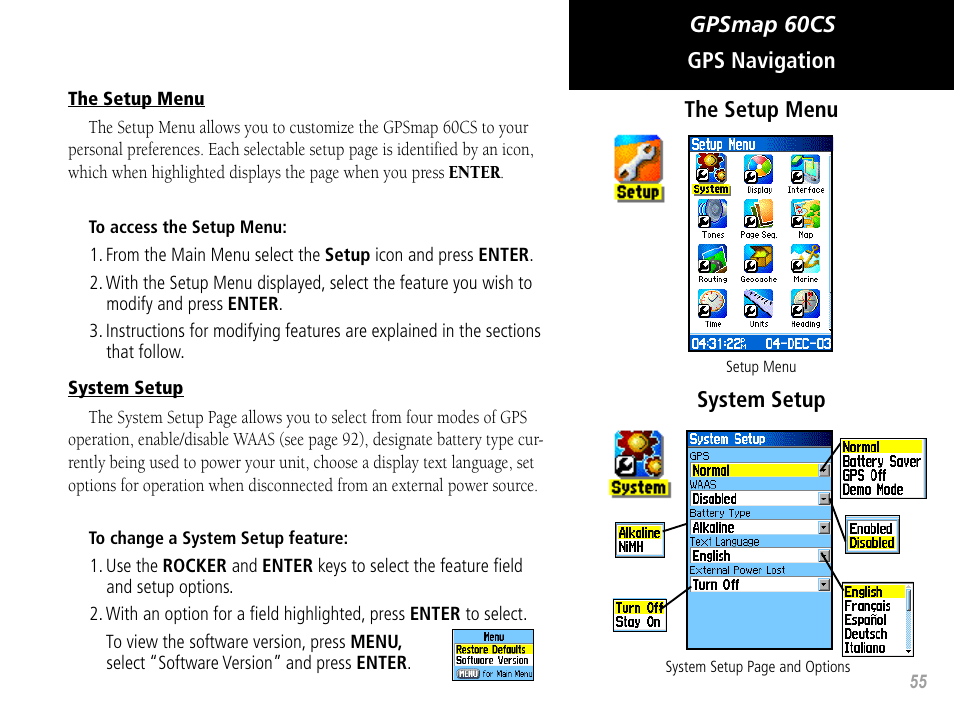 Gpsmap 60cs gps navigation the setup menu, System setup | Garmin GPSMAP 60CS User Manual | Page 65 / 108