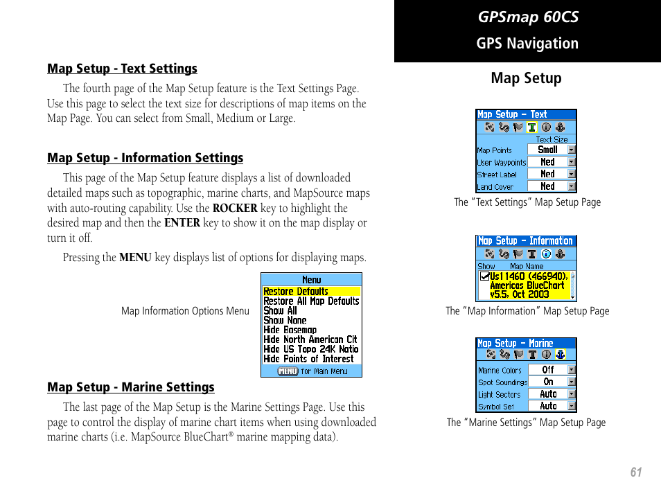 Gpsmap 60cs map setup, Gps navigation | Garmin GPSMAP 60CS User Manual | Page 71 / 108
