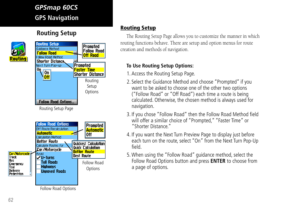 Gpsmap 60cs gps navigation routing setup | Garmin GPSMAP 60CS User Manual | Page 72 / 108