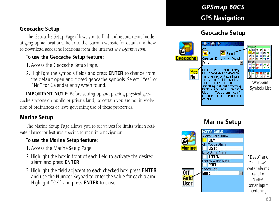 Gpsmap 60cs, Gps navigation geocache setup marine setup | Garmin GPSMAP 60CS User Manual | Page 73 / 108