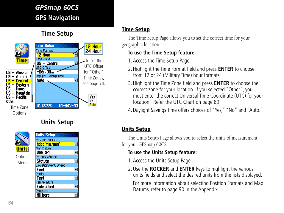 Gpsmap 60cs gps navigation, Units setup time setup | Garmin GPSMAP 60CS User Manual | Page 74 / 108