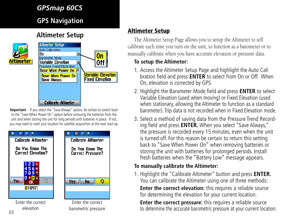 Gpsmap 60cs gps navigation altimeter setup | Garmin GPSMAP 60CS User Manual | Page 76 / 108