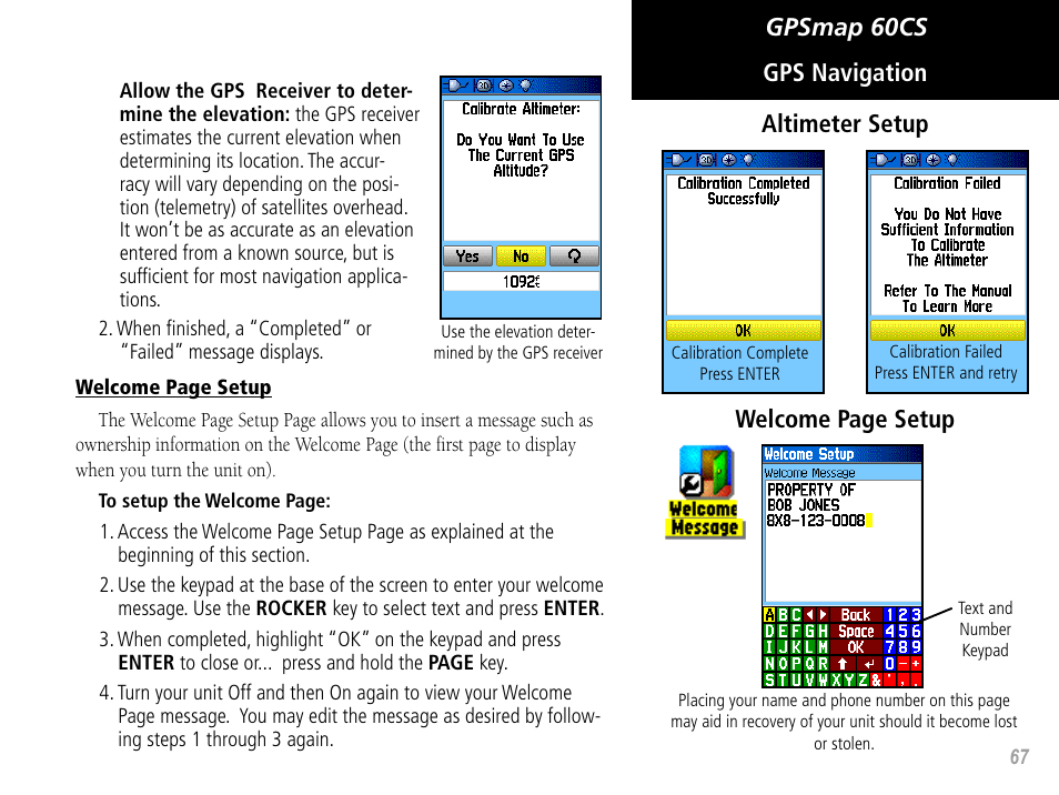 Gpsmap 60cs gps navigation welcome page setup, Altimeter setup | Garmin GPSMAP 60CS User Manual | Page 77 / 108