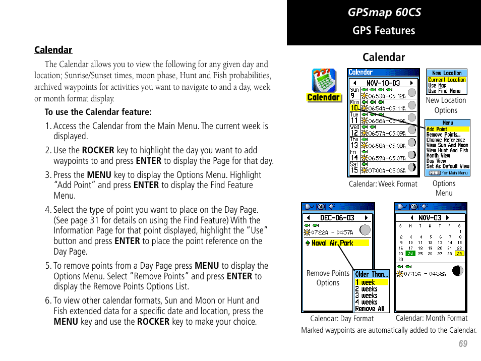 Gpsmap 60cs gps features, Calendar | Garmin GPSMAP 60CS User Manual | Page 79 / 108