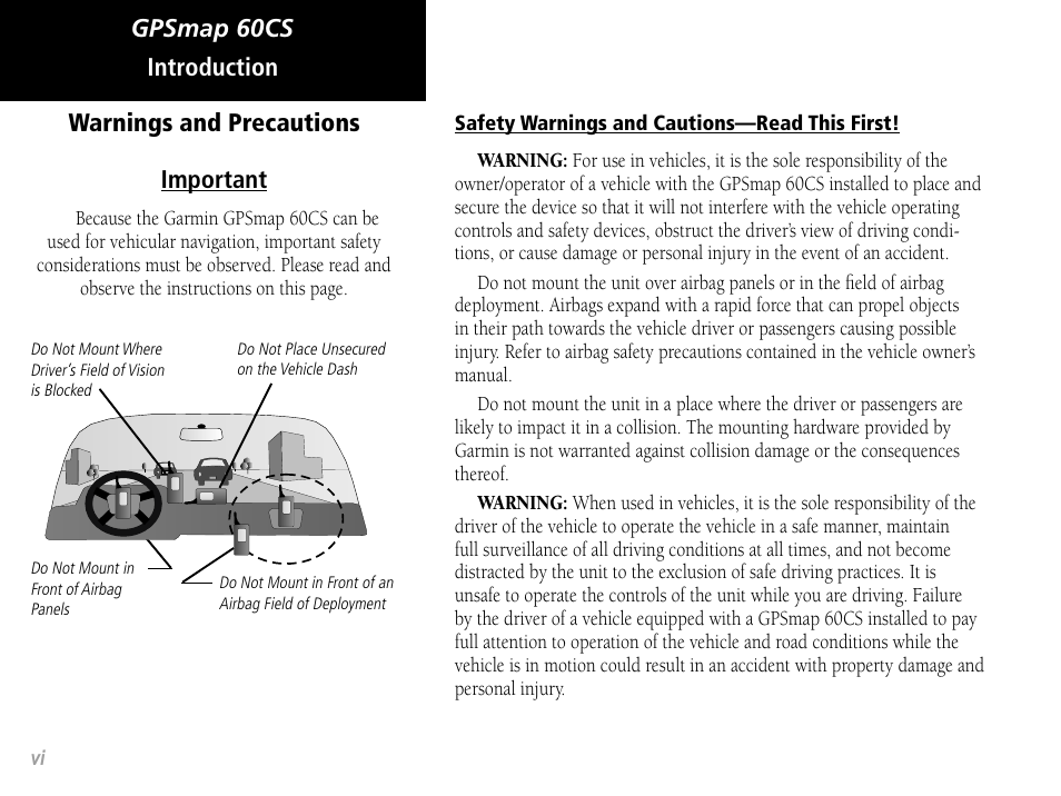 Gpsmap 60cs, Introduction important, Warnings and precautions | Garmin GPSMAP 60CS User Manual | Page 8 / 108