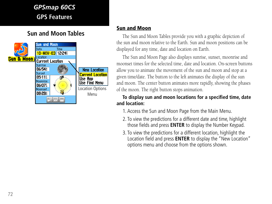 Gpsmap 60cs gps features sun and moon tables | Garmin GPSMAP 60CS User Manual | Page 82 / 108