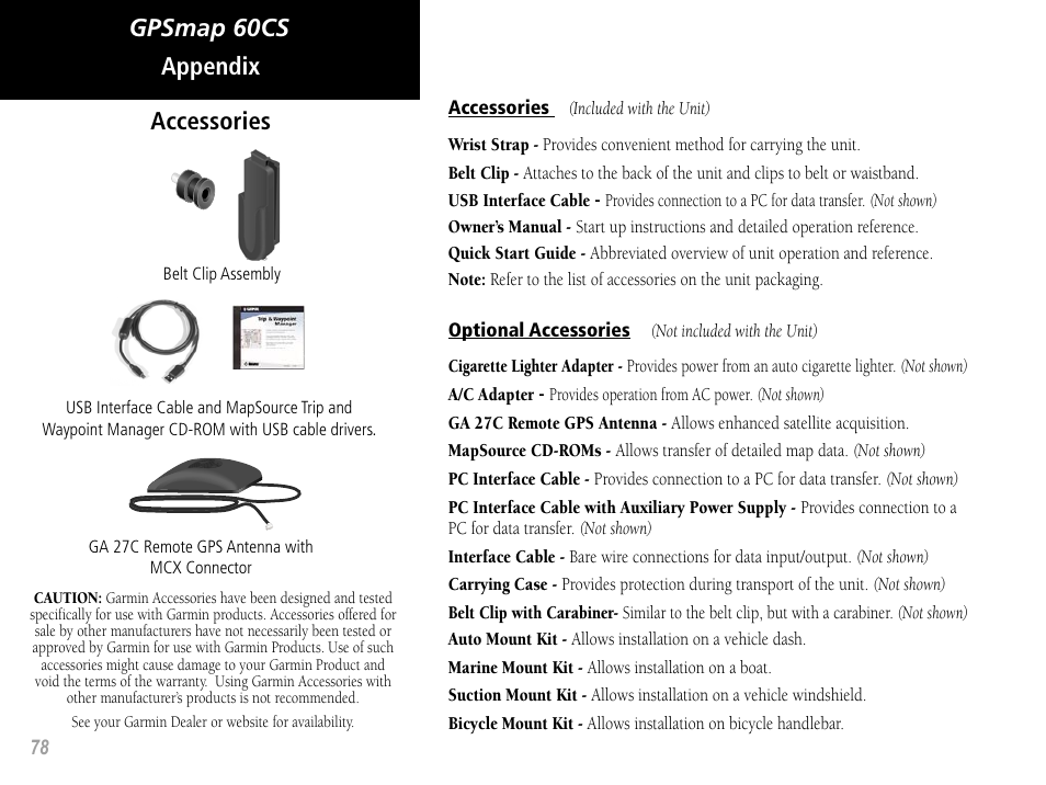 Gpsmap 60cs appendix, Accessories | Garmin GPSMAP 60CS User Manual | Page 88 / 108