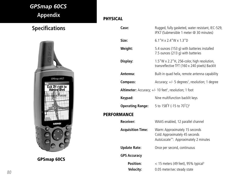 Gpsmap 60cs appendix, Speciﬁcations | Garmin GPSMAP 60CS User Manual | Page 90 / 108