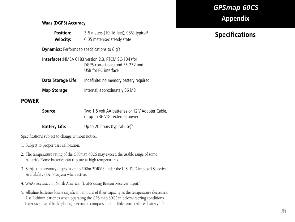 Gpsmap 60cs appendix, Speciﬁcations | Garmin GPSMAP 60CS User Manual | Page 91 / 108