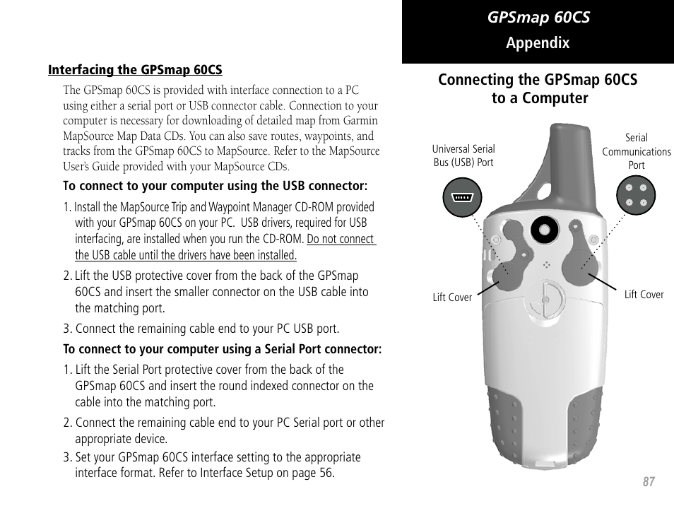 Gpsmap 60cs, Appendix connecting the gpsmap 60cs to a computer | Garmin GPSMAP 60CS User Manual | Page 97 / 108