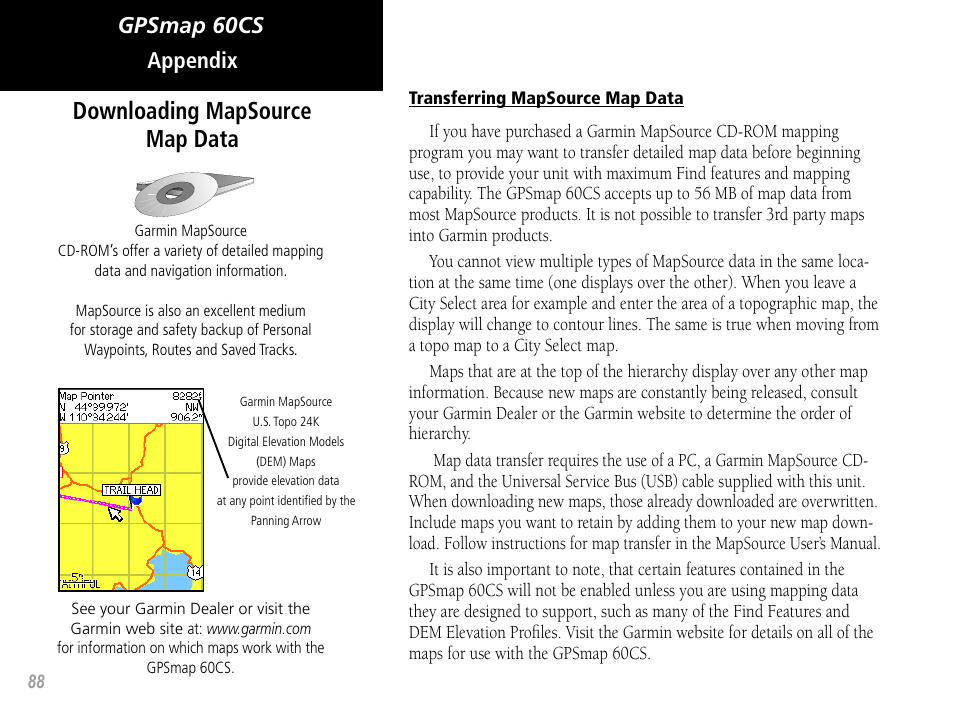 Downloading mapsource map data, Gpsmap 60cs appendix | Garmin GPSMAP 60CS User Manual | Page 98 / 108