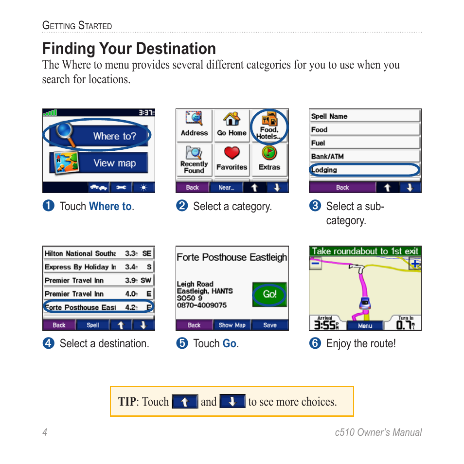 Finding your destination | Garmin StreetPilot  c510 User Manual | Page 12 / 44