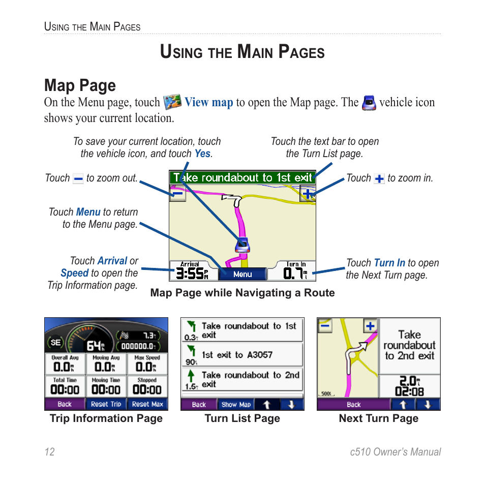 Map page | Garmin StreetPilot  c510 User Manual | Page 20 / 44