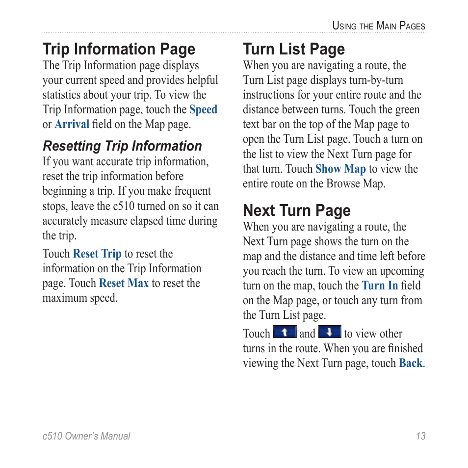 Trip information page, Turn list page, Next turn page | Garmin StreetPilot  c510 User Manual | Page 21 / 44