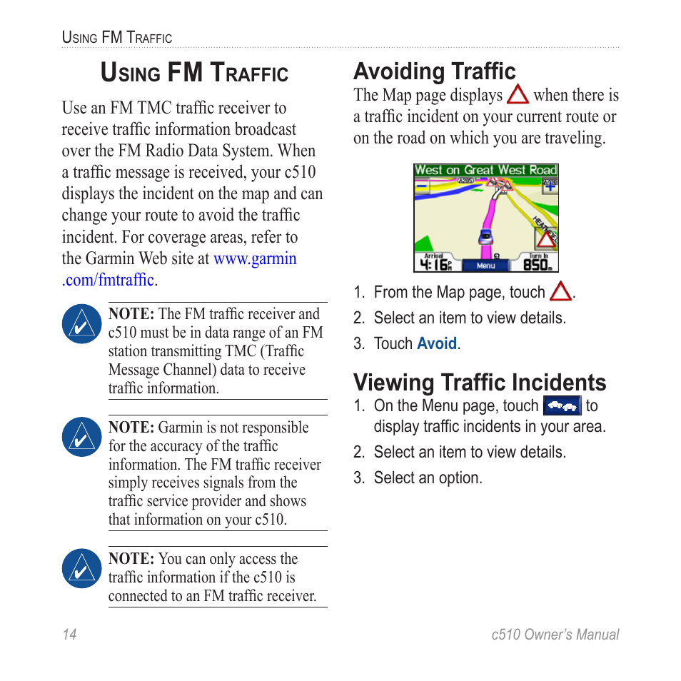 Using fm traffic, Avoiding traffic, Viewing traffic incidents | Fm t | Garmin StreetPilot  c510 User Manual | Page 22 / 44