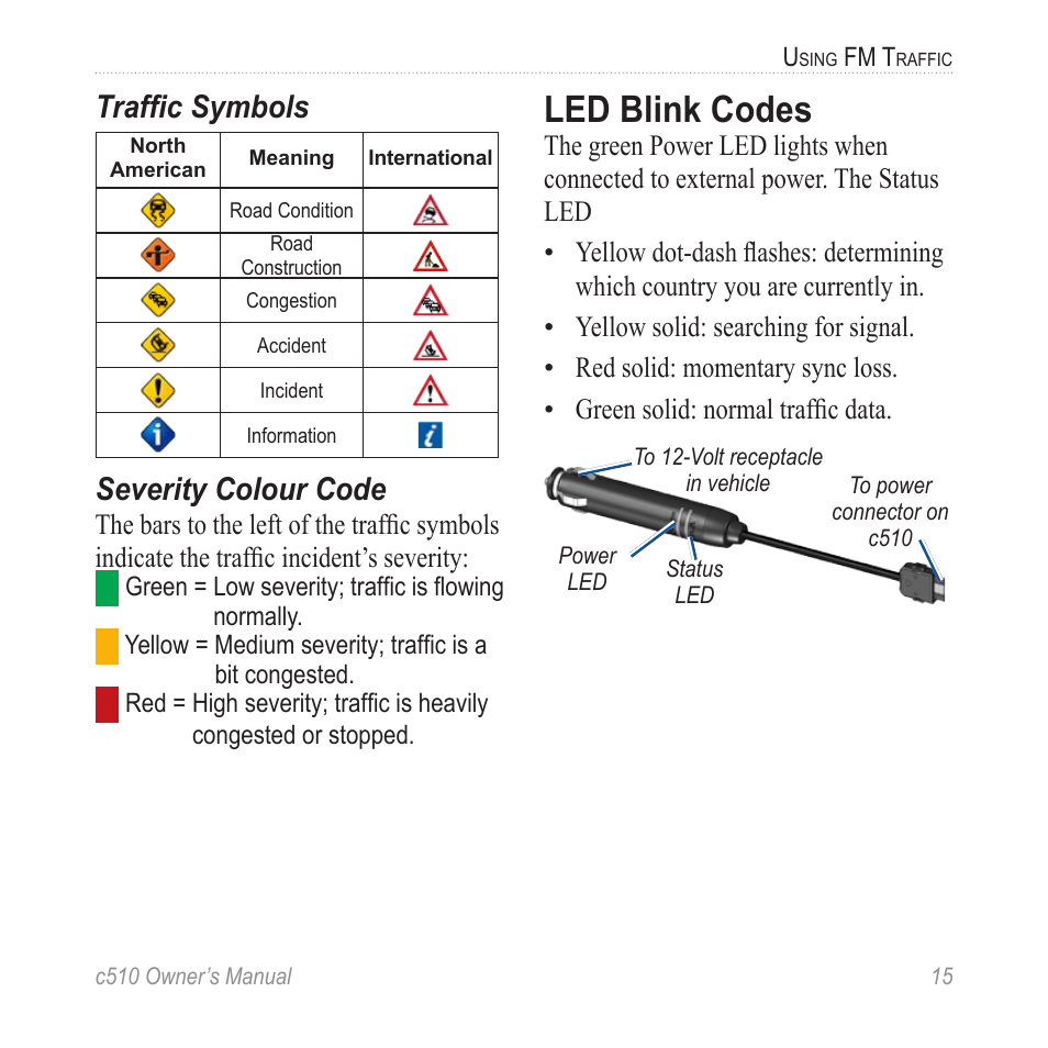Led blink codes, Traffic symbols, Severity colour code | Garmin StreetPilot  c510 User Manual | Page 23 / 44