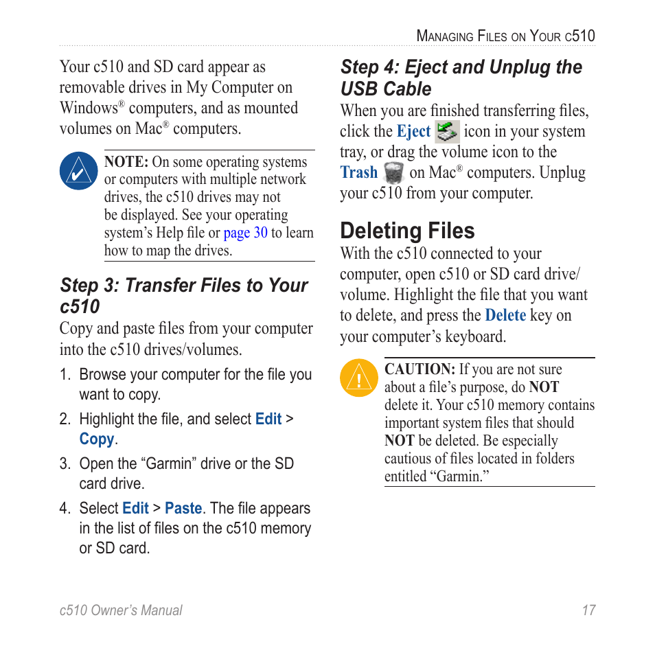 Deleting files, Step 3: transfer files to your c510, Step 4: eject and unplug the usb cable | Garmin StreetPilot  c510 User Manual | Page 25 / 44