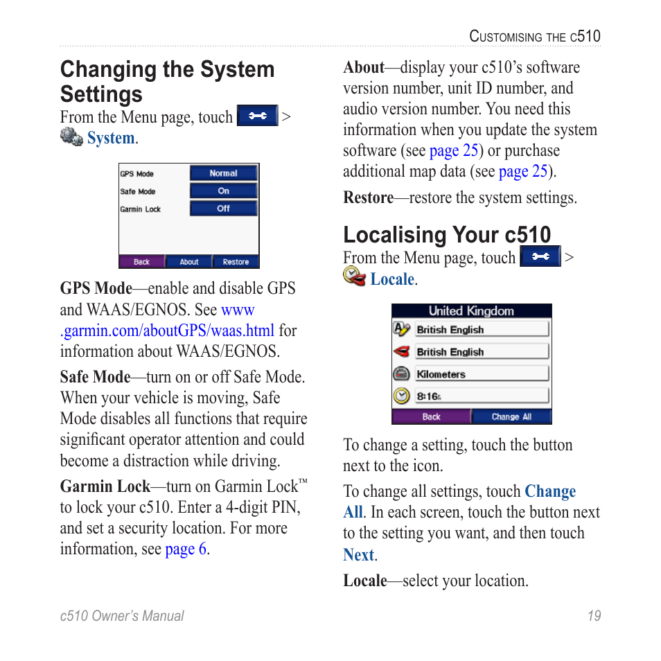 Changing the system settings, Localising your c510 | Garmin StreetPilot  c510 User Manual | Page 27 / 44