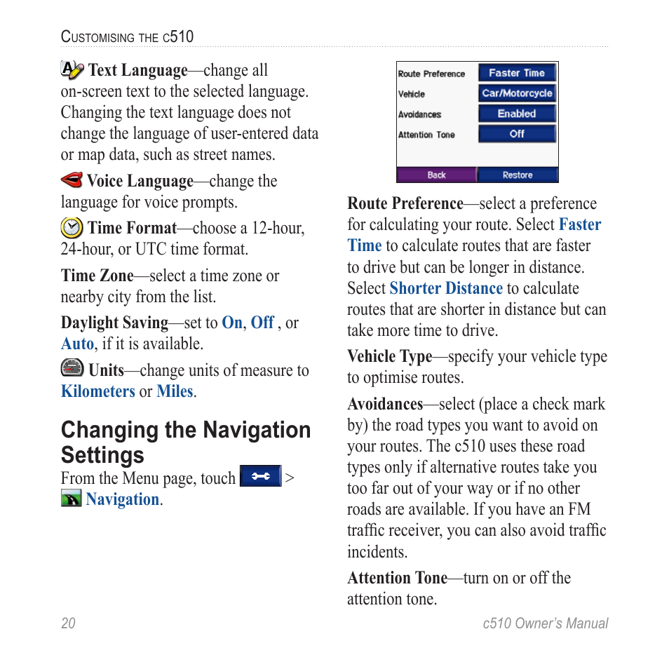 Changing the navigation settings | Garmin StreetPilot  c510 User Manual | Page 28 / 44