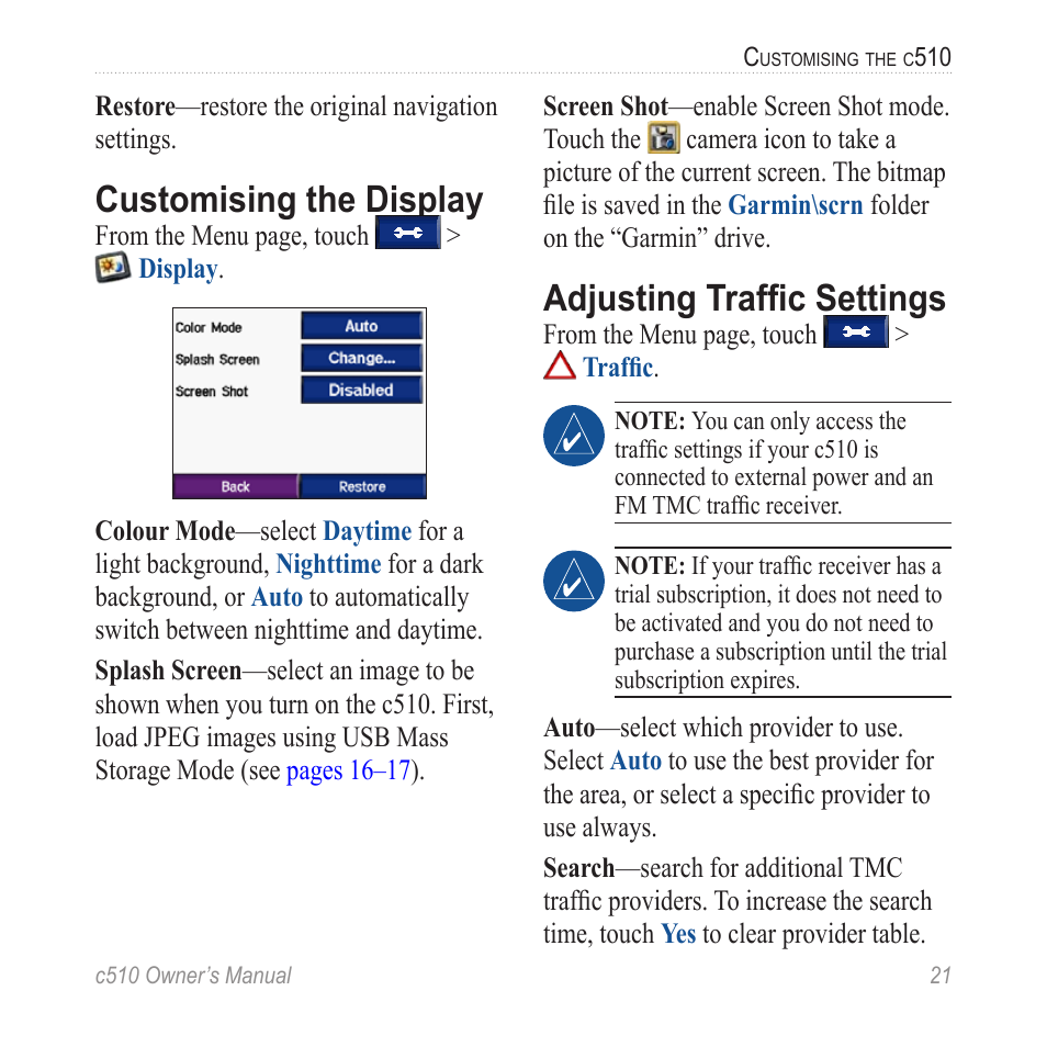 Customising the display, Adjusting traffic settings | Garmin StreetPilot  c510 User Manual | Page 29 / 44