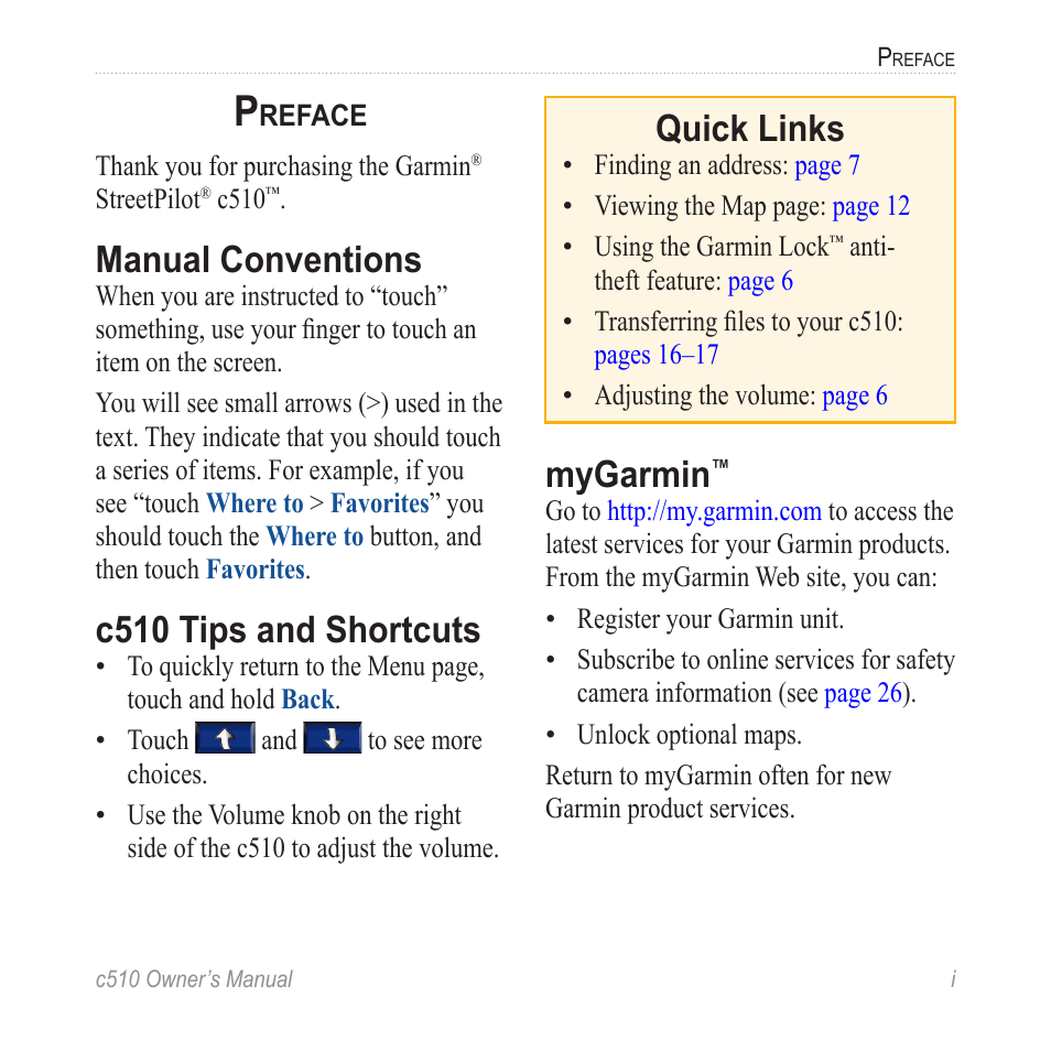 Preface, Manual conventions, C510 tips and shortcuts | Mygarmin, Quick links | Garmin StreetPilot  c510 User Manual | Page 3 / 44