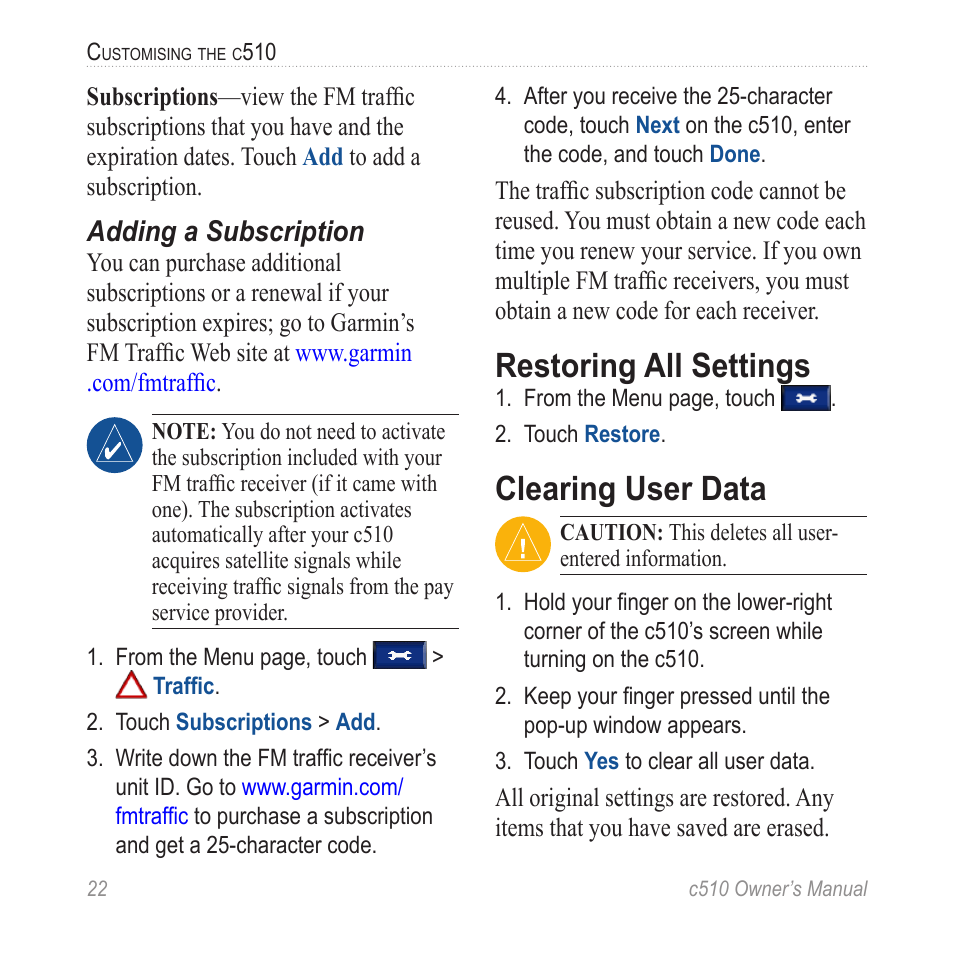 Restoring all settings, Clearing user data, Adding a subscription | Garmin StreetPilot  c510 User Manual | Page 30 / 44