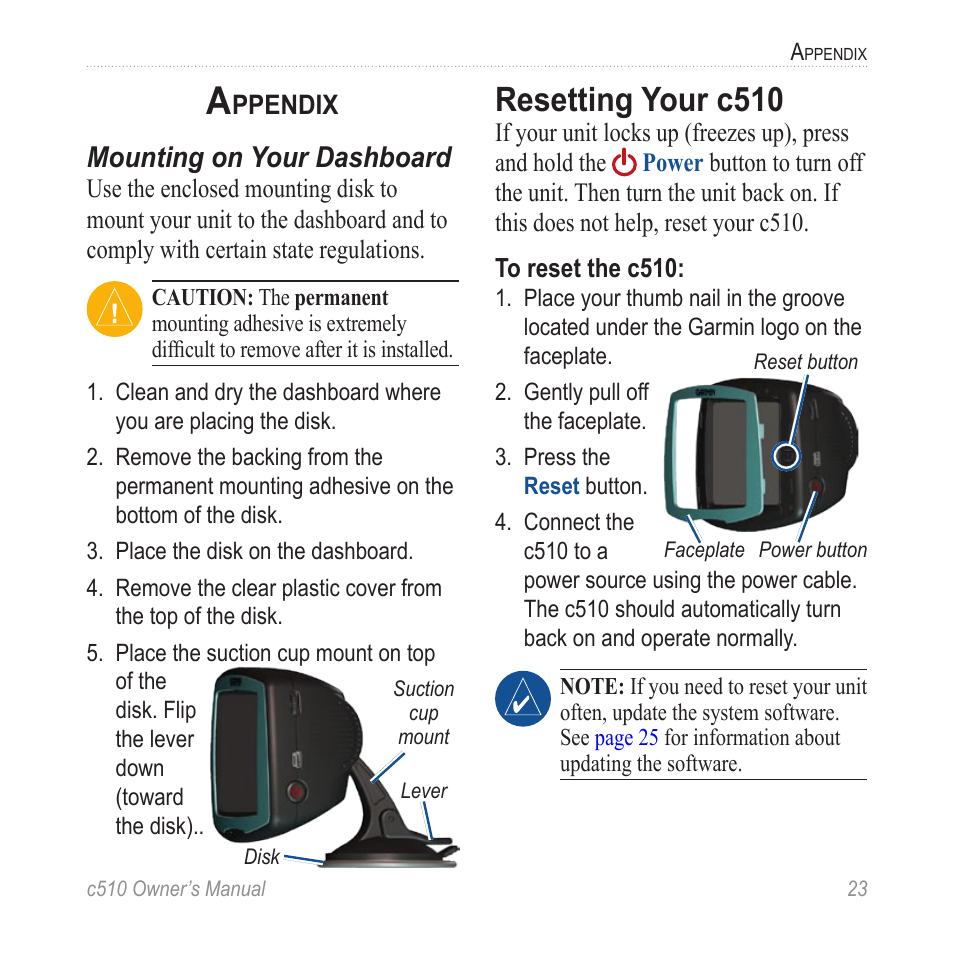 Appendix, Resetting your c510, Mounting on your dashboard | Garmin StreetPilot  c510 User Manual | Page 31 / 44