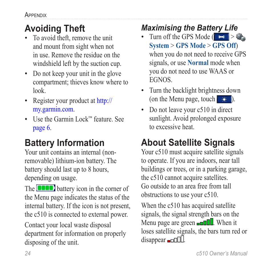 Avoiding theft, Battery information, About satellite signals | Garmin StreetPilot  c510 User Manual | Page 32 / 44
