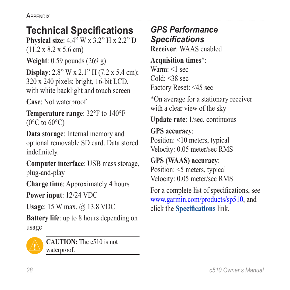 Technical specifications | Garmin StreetPilot  c510 User Manual | Page 36 / 44