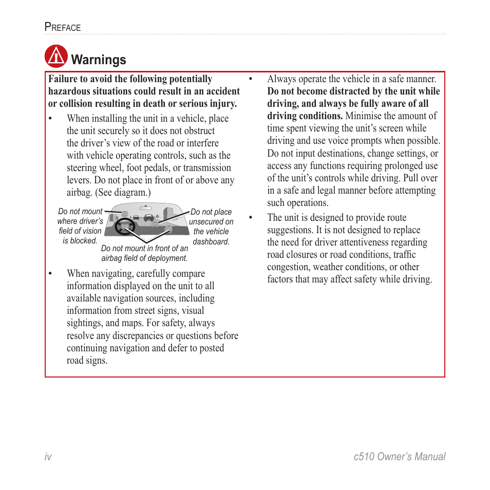 Warnings | Garmin StreetPilot  c510 User Manual | Page 6 / 44