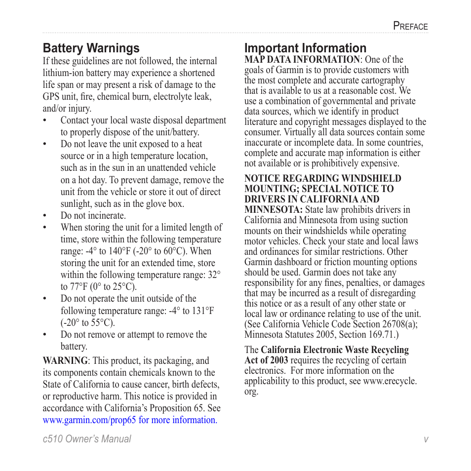 Battery warnings, Important information | Garmin StreetPilot  c510 User Manual | Page 7 / 44