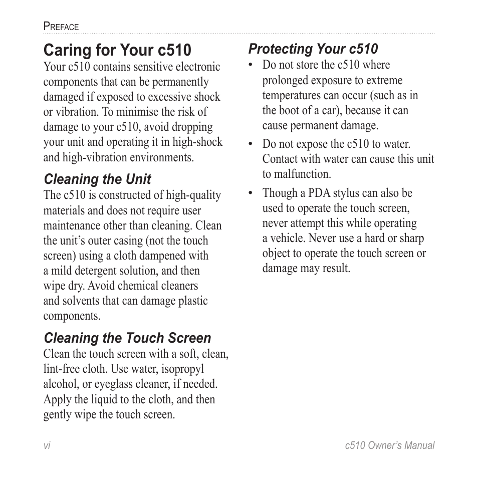 Caring for your c510, Caring for your c510 ....................... vi | Garmin StreetPilot  c510 User Manual | Page 8 / 44