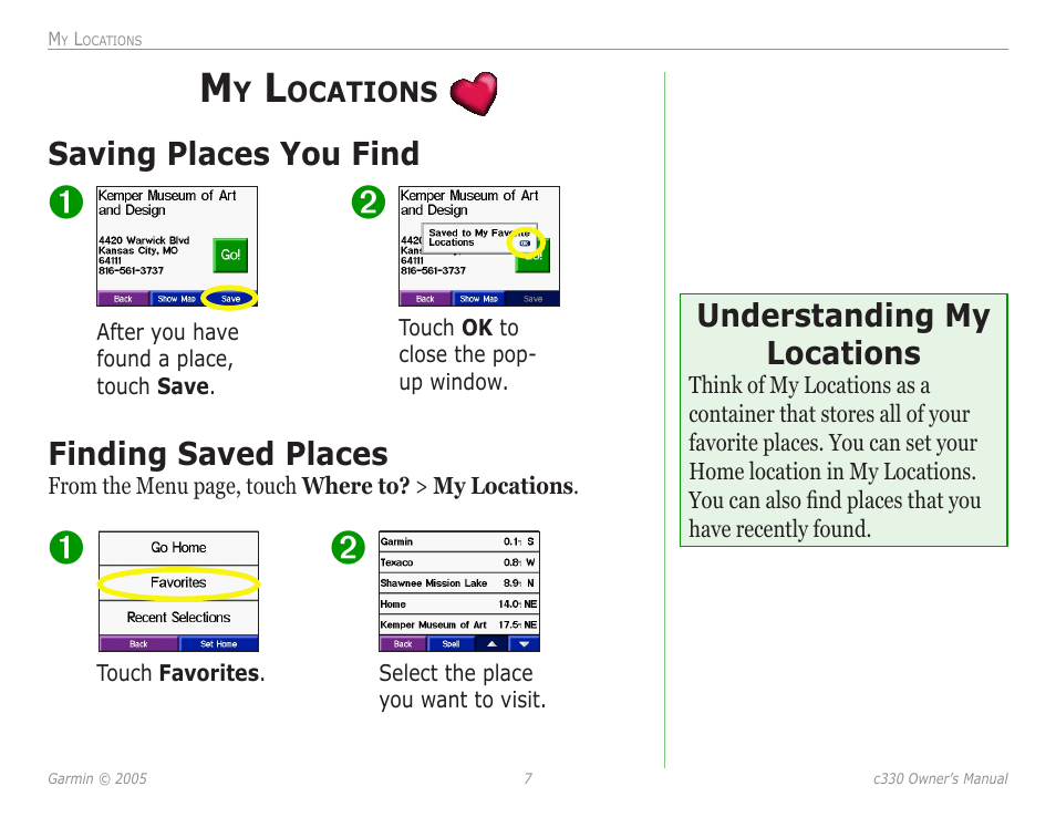 My locations, Saving places you find, Finding saved places | Understanding my locations | Garmin StreetPilot c330 User Manual | Page 11 / 37