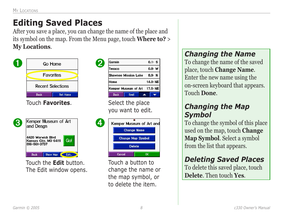 Editing saved places, Changing the name, Changing the map symbol | Deleting saved places | Garmin StreetPilot c330 User Manual | Page 12 / 37