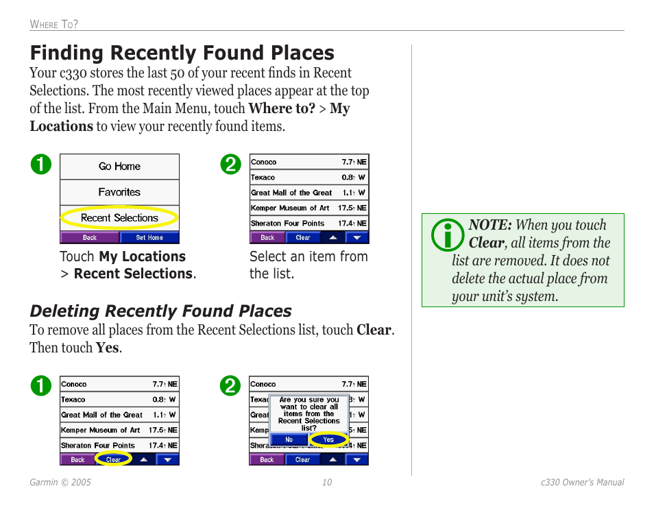 Finding recently found places, Deleting recently found places, Finding recently found places 10 | Deleting recently found places 10 | Garmin StreetPilot c330 User Manual | Page 14 / 37
